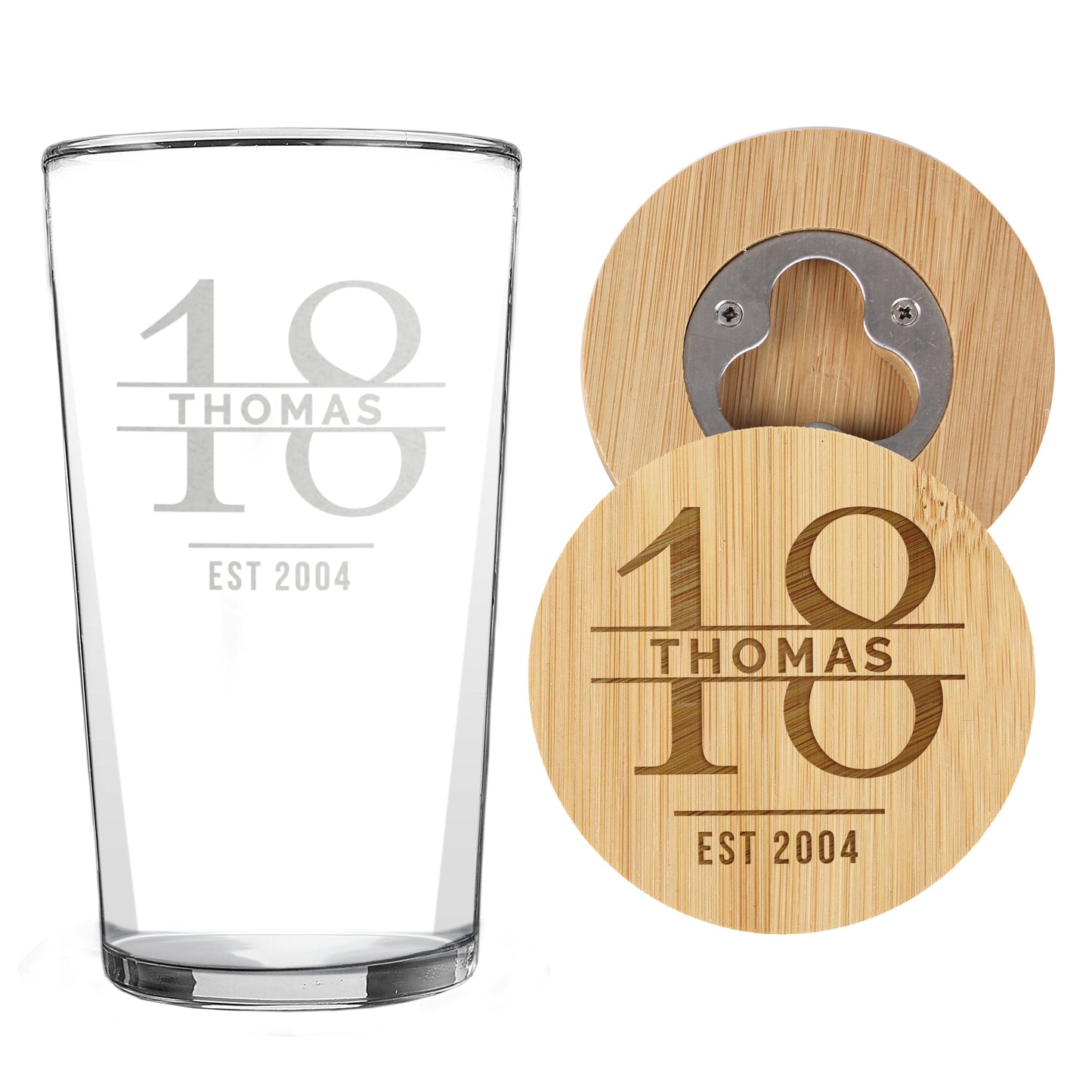 Personalised Big Age Bamboo Bottle Opener Coaster and Pint Glass Set: 5 - Beer Glasses By Gift Moments