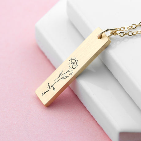 Personalised Birth Flower Gold Bar Necklace