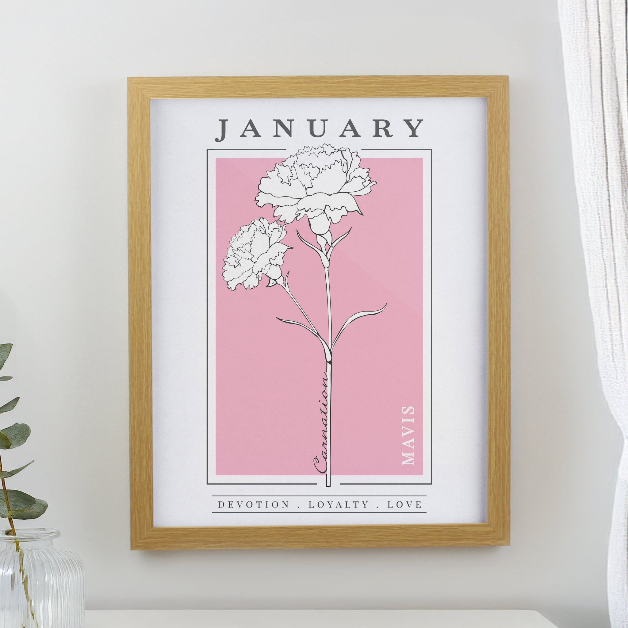 Personalised Birth Flower Framed Prints: 1 - Oak - Framed Prints By Gift Moments