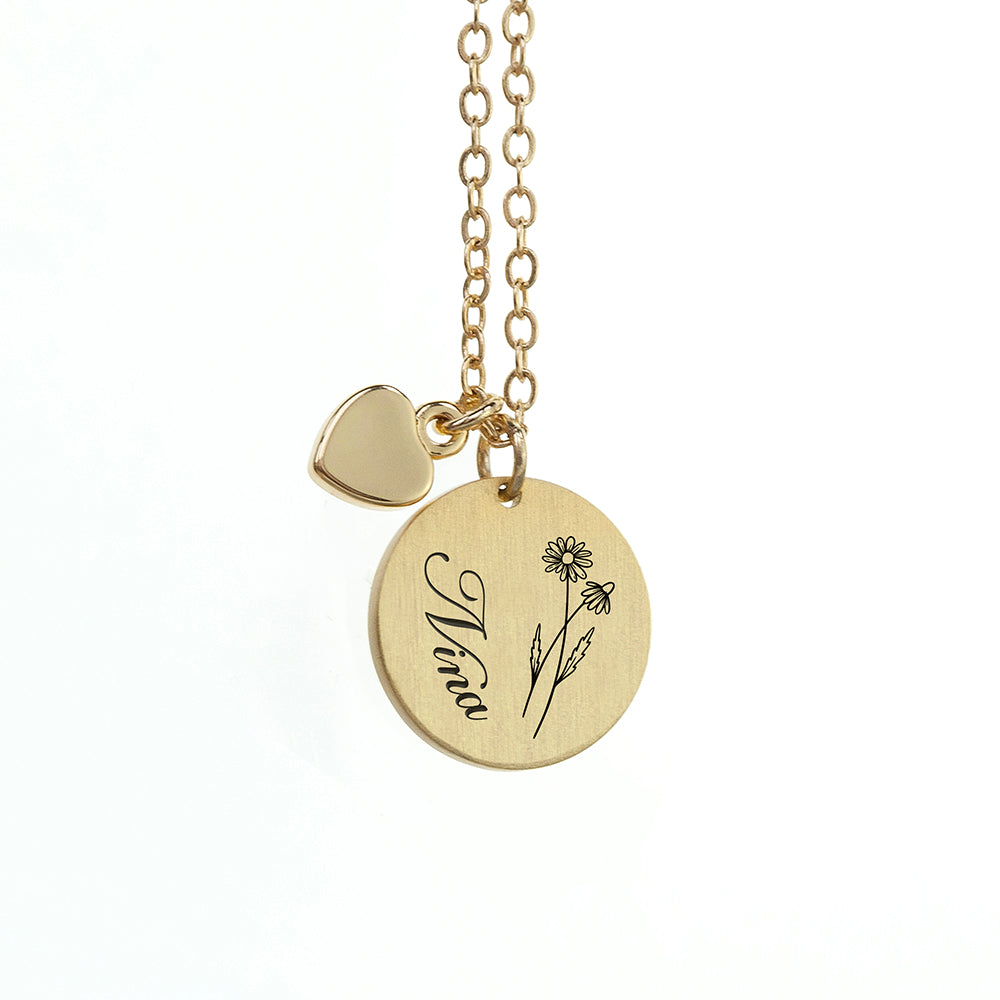 Personalised Birth Flower Heart and Disc Necklace Set: 7 - Necklaces By Gift Moments
