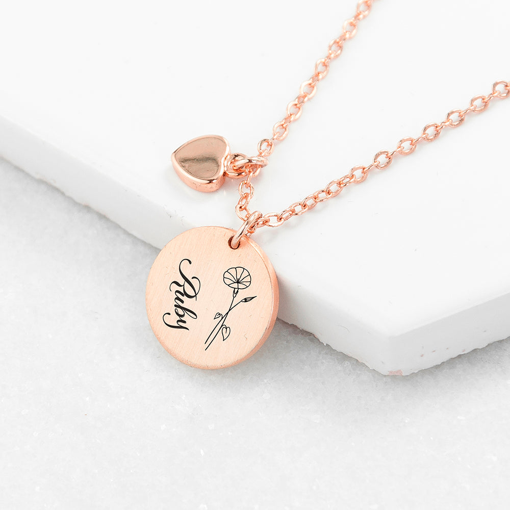 Personalised Birth Flower Heart and Disc Necklace Set: 1 - Rose Gold - Necklaces By Gift Moments