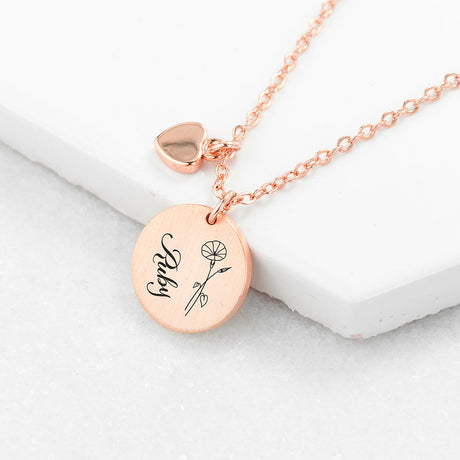 Personalised Birth Flower Heart and Disc Necklace Set: 1 - Rose Gold - Necklaces By Gift Moments