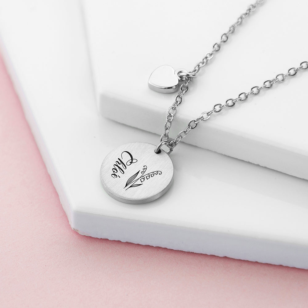 Personalised Birth Flower Heart and Disc Necklace Set: 2 - Silver - Necklaces By Gift Moments