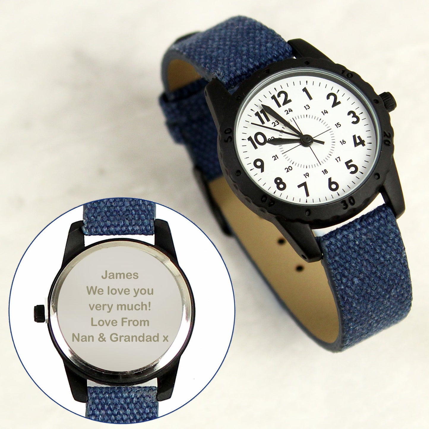 Personalised Black with Blue Canvas Strap Boys Watch: 4 - Watches By Gift Moments