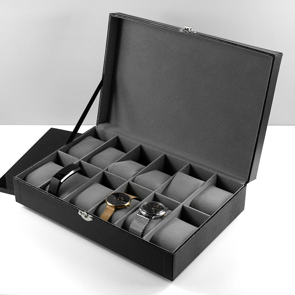 Personalised Black Leather 12 Watch Storage Box: 4 - Jewellery Boxes By Gift Moments