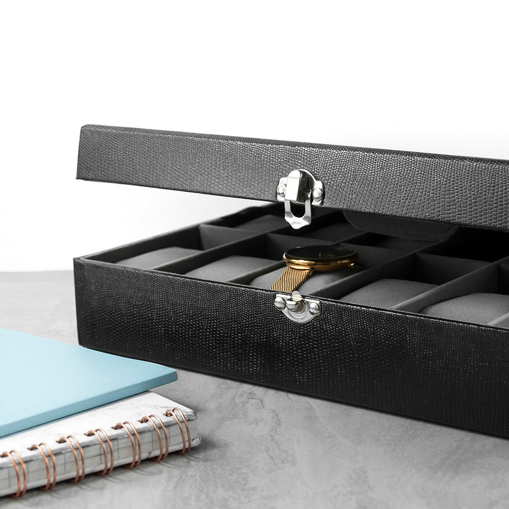 Personalised Black Leather 12 Watch Storage Box: 3 - Jewellery Boxes By Gift Moments