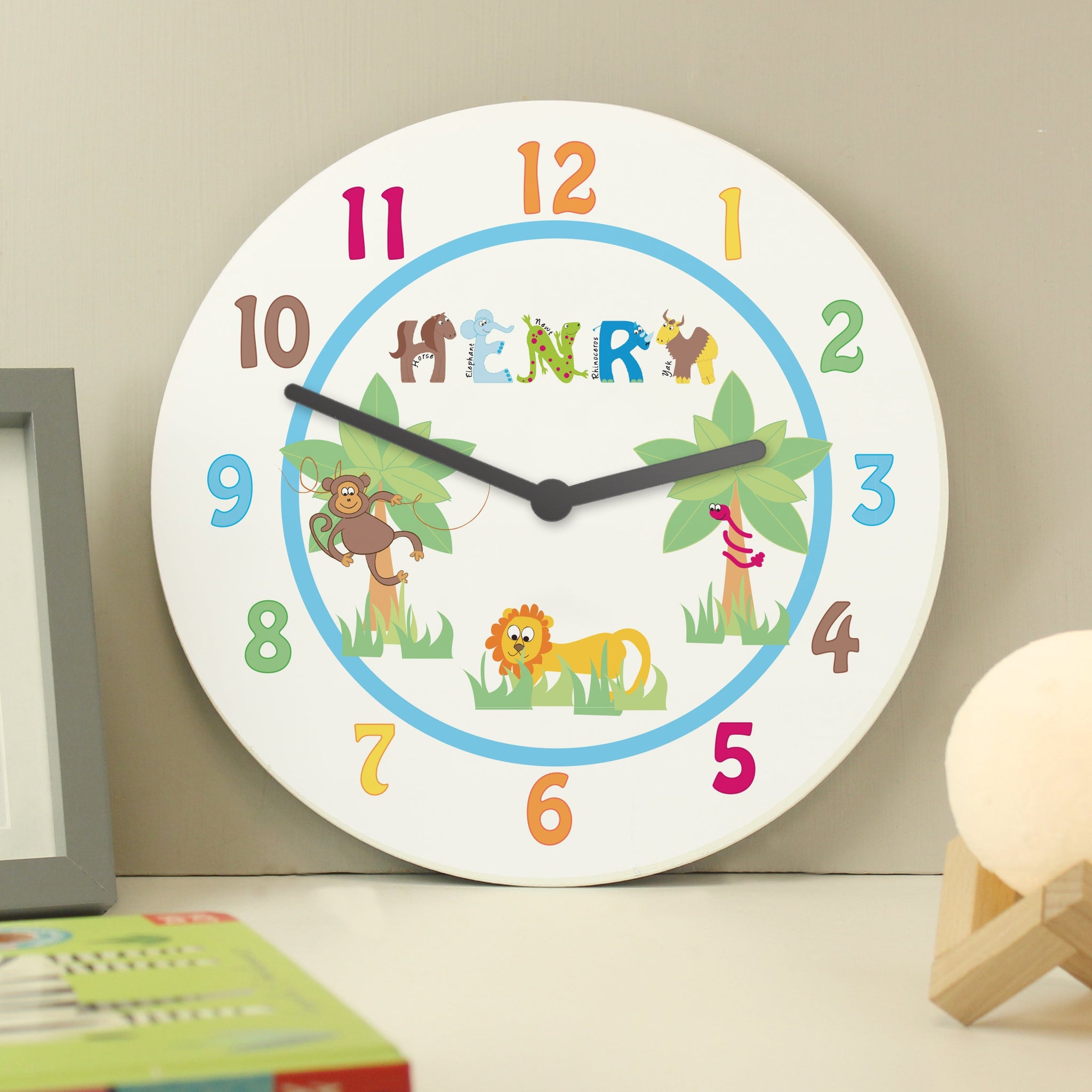 Personalised Blue Animal Alphabet Clock: 4 - Clocks By Gift Moments