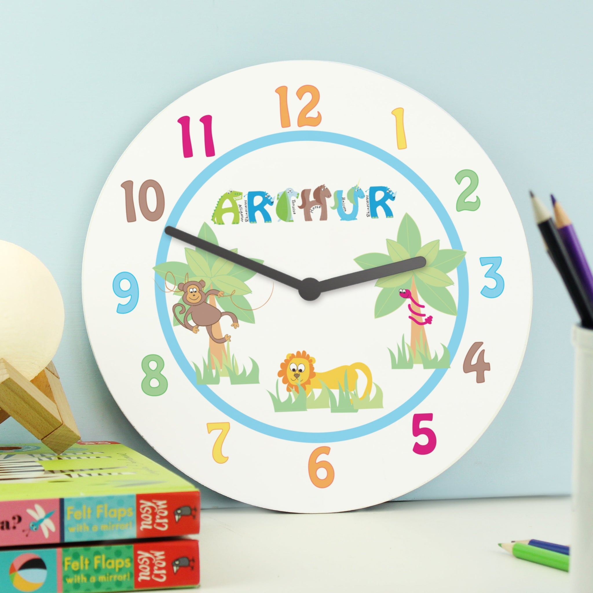 Personalised Blue Animal Alphabet Clock: 3 - Clocks By Gift Moments