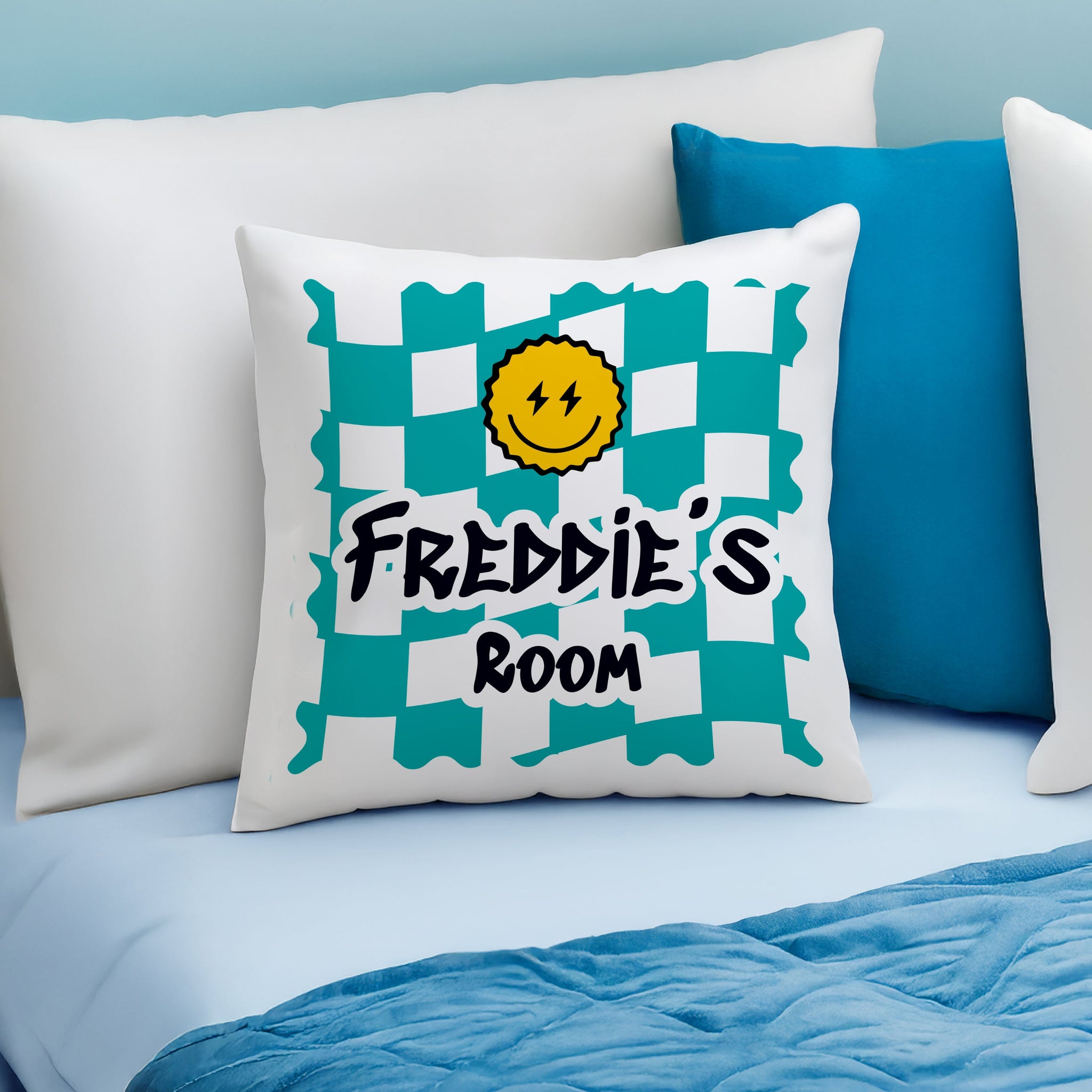 Personalised Blue Check Childrens Bedroom Cushion: 1 - Cushions By Gift Moments