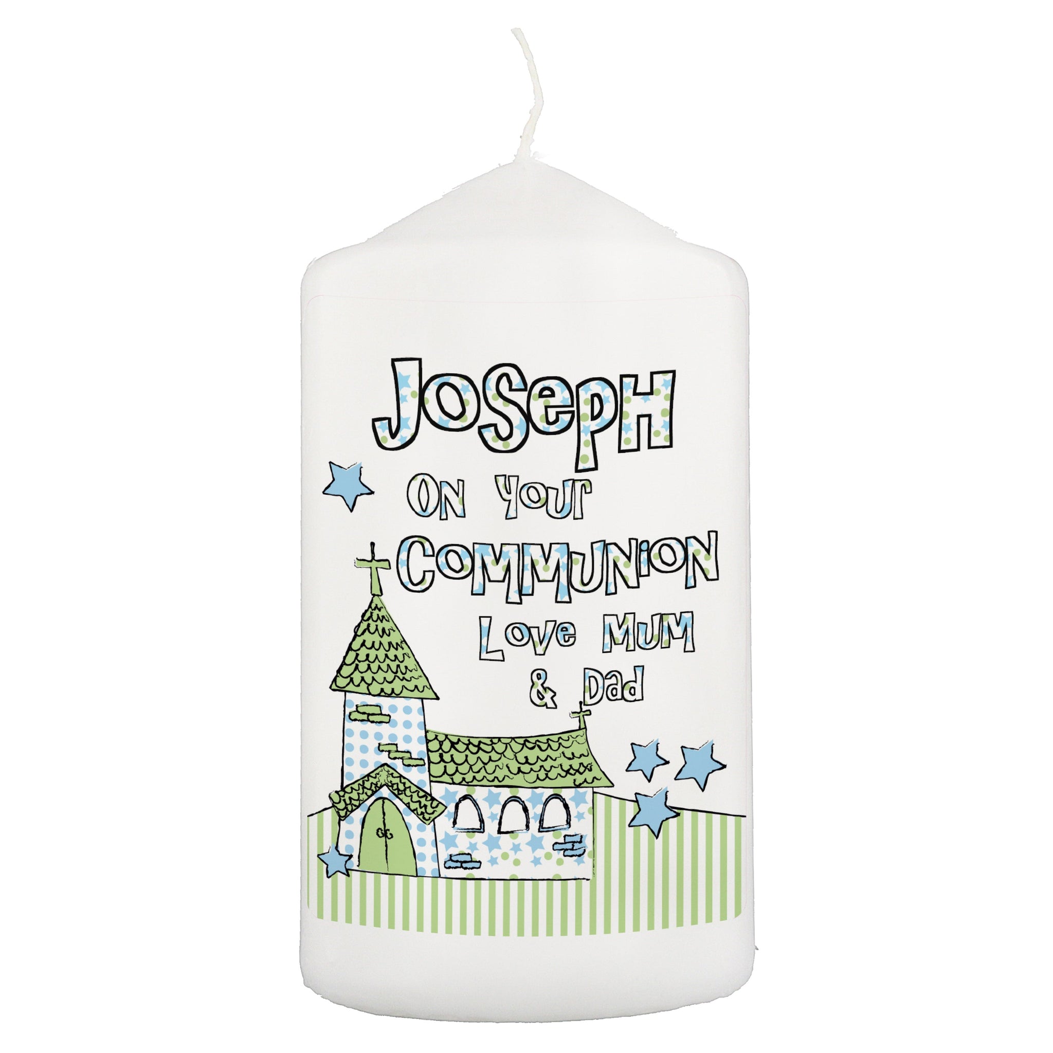 Personalised Blue Church Pillar Candle: 2 - Candles By Gift Moments