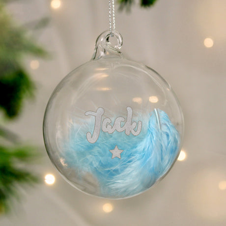 Personalised Blue Feather Silver Name Glass Baubles: 5 - Christmas Baubles By Gift Moments