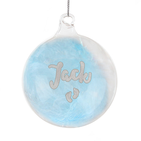 Personalised Blue Feather Silver Name Glass Baubles: 8 - Christmas Baubles By Gift Moments