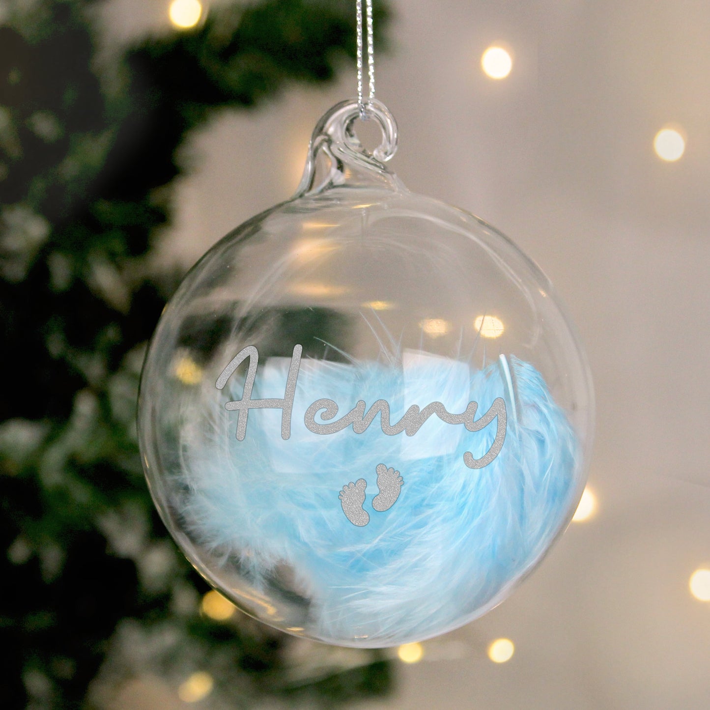 Personalised Blue Feather Silver Name Glass Baubles: 4 - Christmas Baubles By Gift Moments