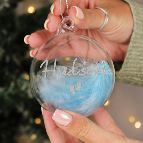 Personalised Blue Feather Silver Name Glass Baubles: 2 - Footprints - Christmas Baubles By Gift Moments