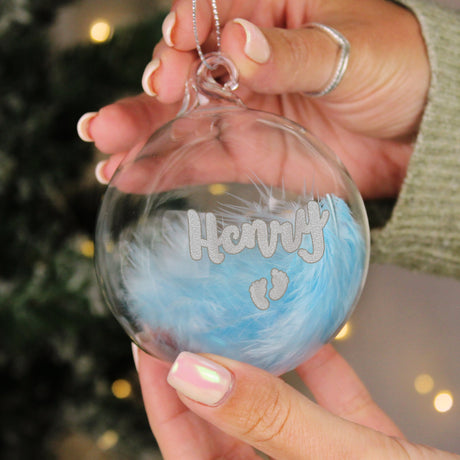 Personalised Blue Feather Silver Name Glass Baubles: 2 - Footprints - Christmas Baubles By Gift Moments