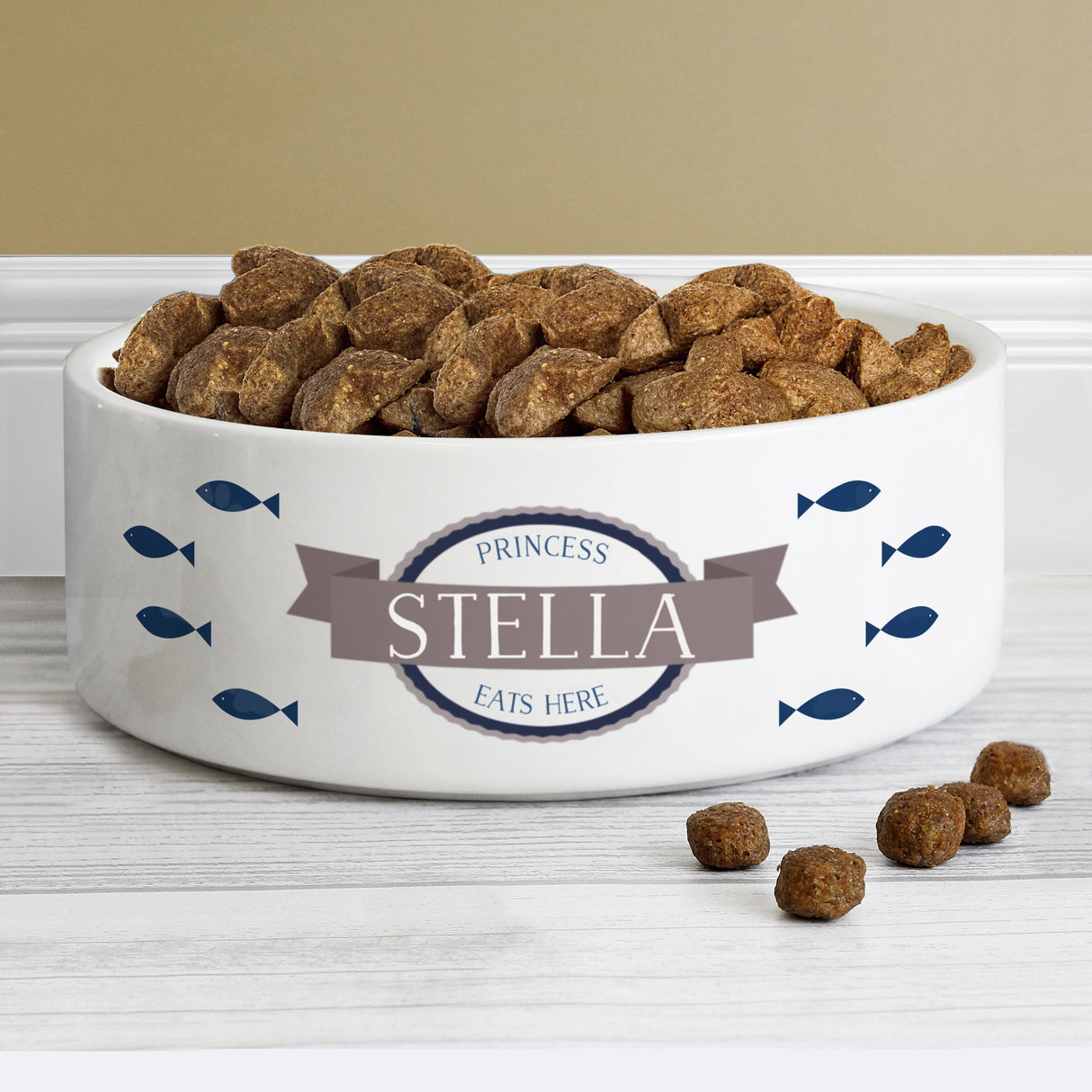 Personalised Blue Fish 14cm Medium White Pet Bowl: 1 - Pet Products By Gift Moments