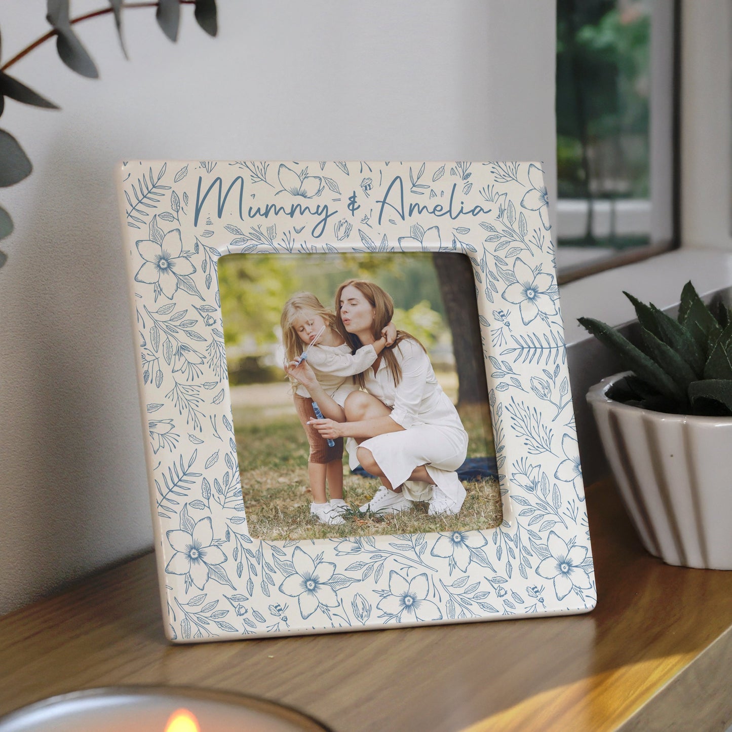 Personalised Blue Floral Ceramic 4x4 Frame: 1 - Photo Frames By Gift Moments