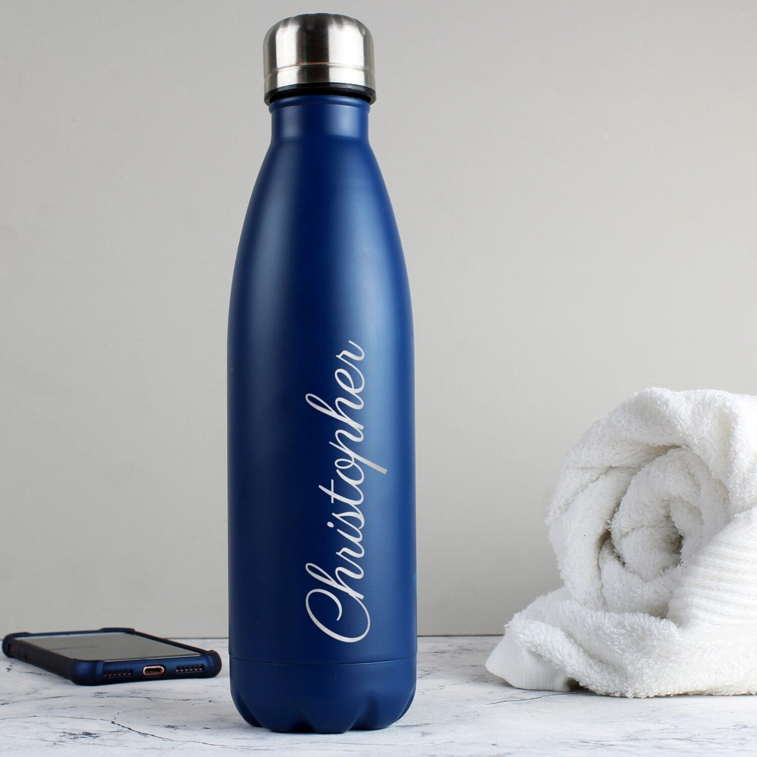 Personalised Blue Metal Insulated Drinks Bottle: 1 - Water Bottles By Gift Moments