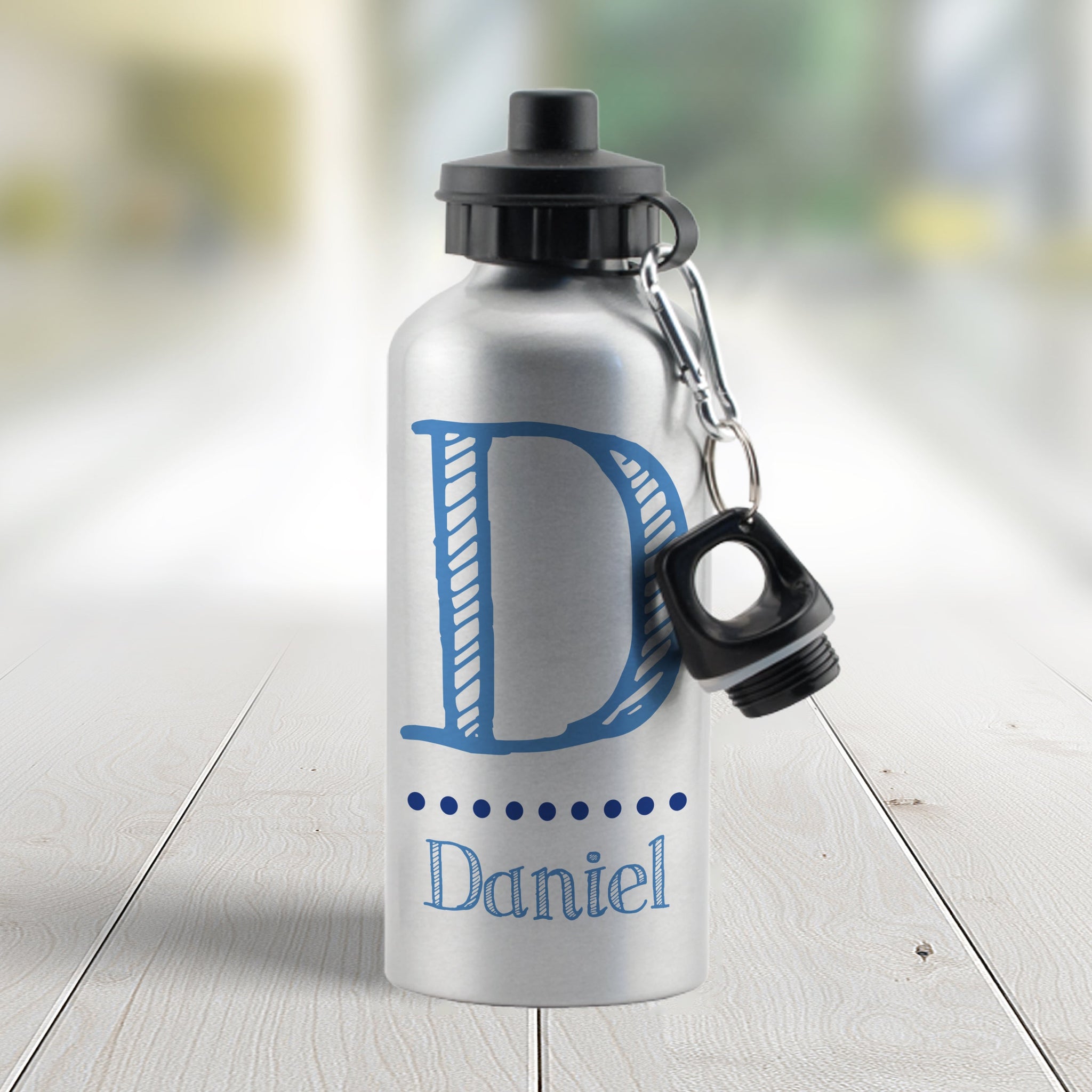 Personalised Blue Name Silver Drinks Bottle: 2 - Kids Bottles By Gift Moments