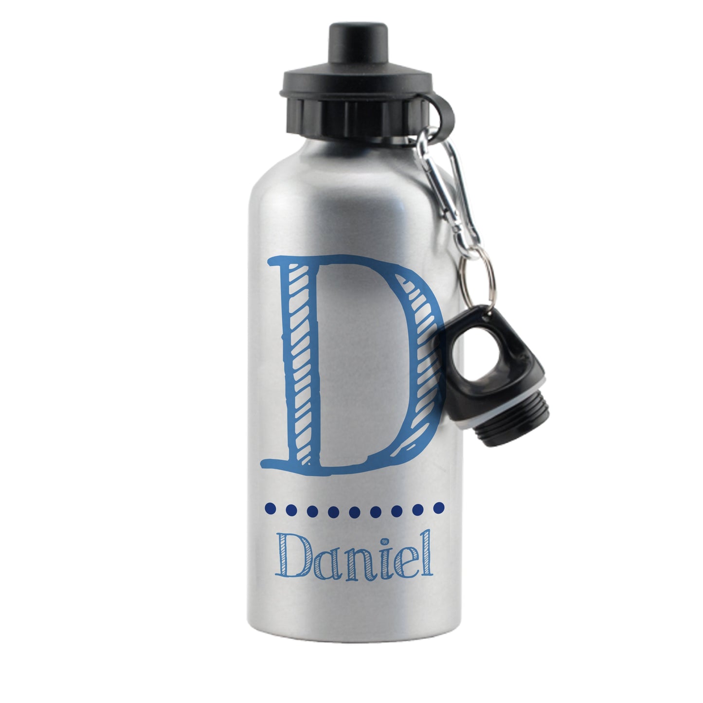 Personalised Blue Name Silver Drinks Bottle: 4 - Kids Bottles By Gift Moments
