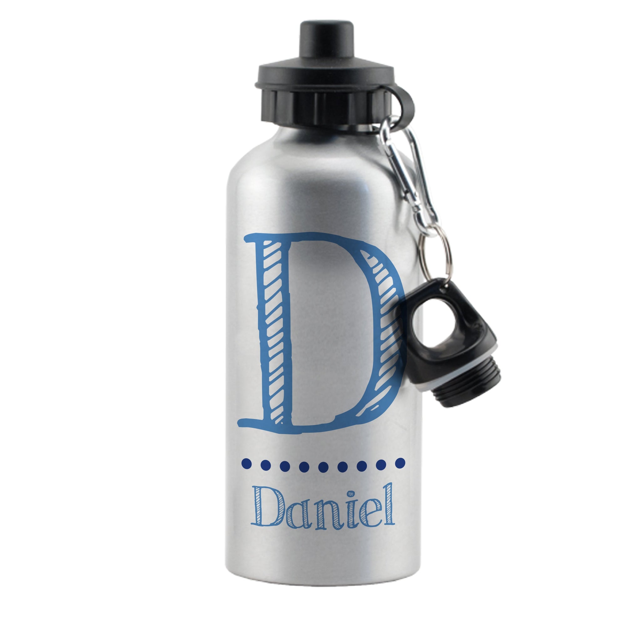 Personalised Blue Name Silver Drinks Bottle: 4 - Kids Bottles By Gift Moments