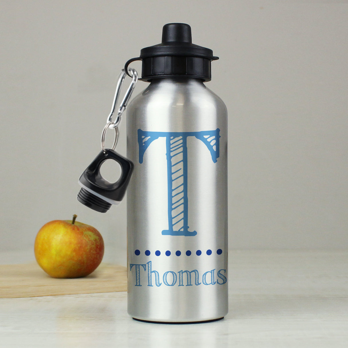 Personalised Blue Name Silver Drinks Bottle: 1 - Kids Bottles By Gift Moments
