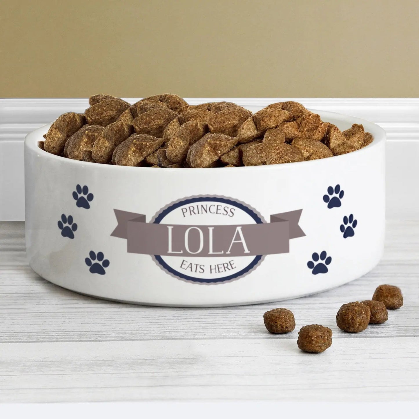 Personalised Blue Paws 14cm Medium White Pet Bowl: 1 - Pet Products By Gift Moments