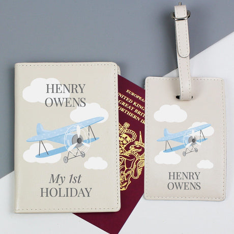 Personalised Blue Plane Passport Holder & Tag Set: 2 - Passport Holders By Gift Moments