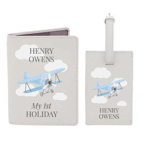 Personalised Blue Plane Passport Holder & Tag Set: 3 - Passport Holders By Gift Moments