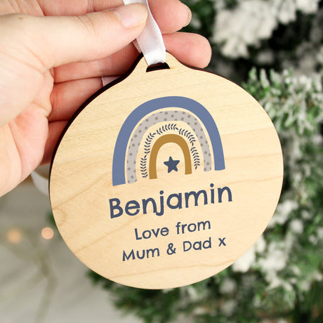 Personalised Blue Rainbow Round Wooden Decoration: 2 - Decorations By Gift Moments