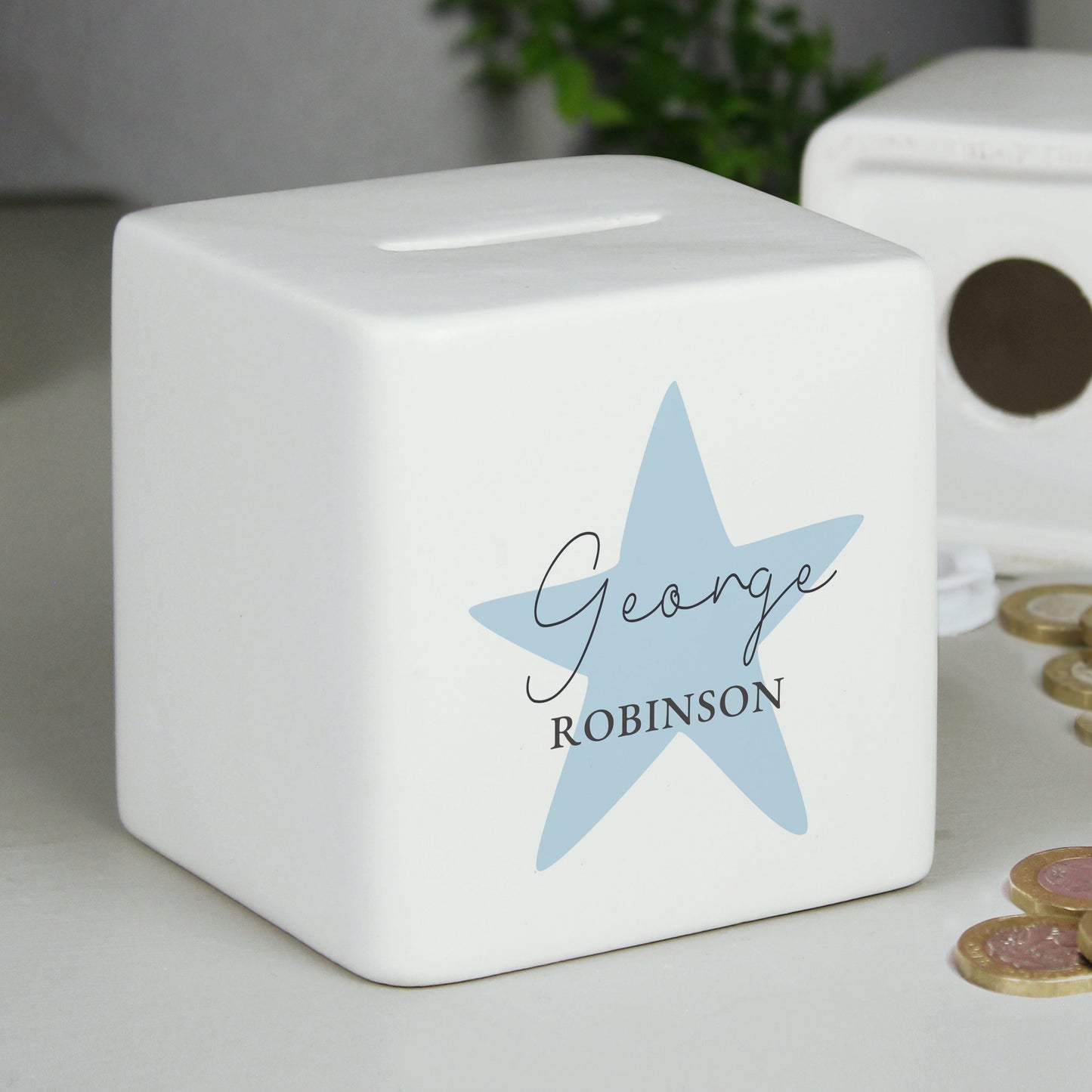Personalised Blue Star Ceramic Square Money Box: 3 - Money Boxes By Gift Moments