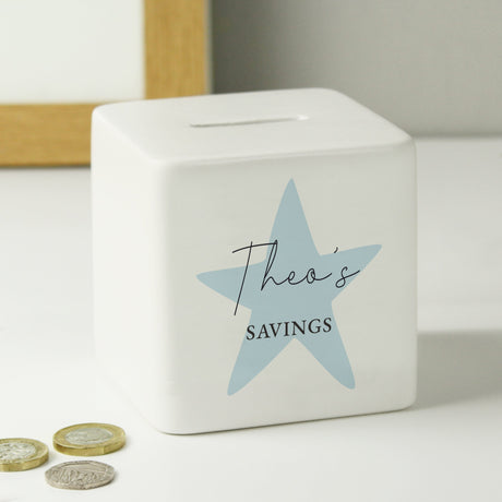 Personalised Blue Star Ceramic Square Money Box: 2 - Money Boxes By Gift Moments
