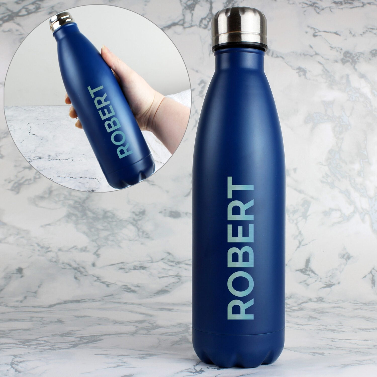 Personalised Bold Name Blue Metal Insulated Drinks Bottle: 2 - Water Bottles By Gift Moments