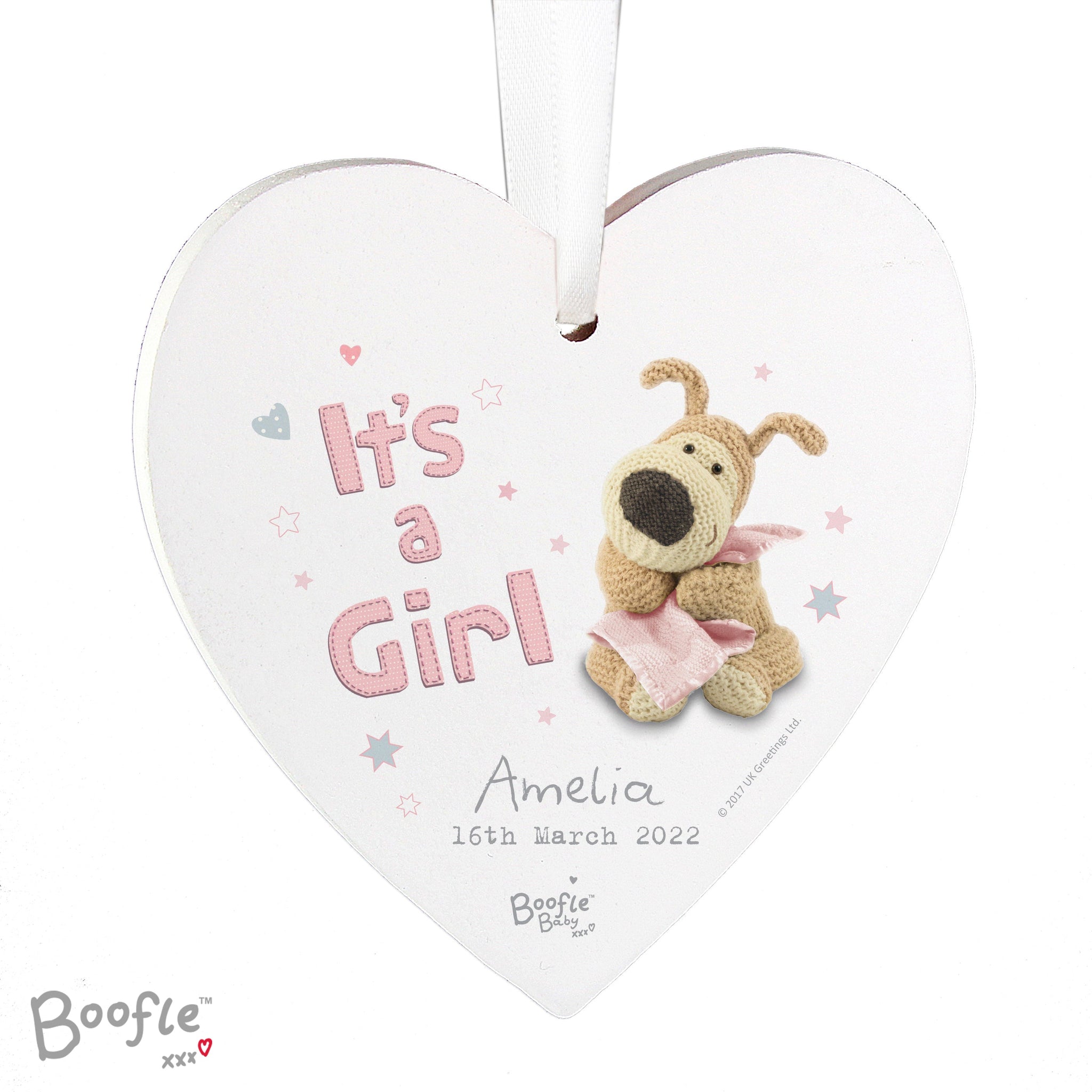 Personalised Boofle It’s a Girl Wooden Heart Decoration: 3 - Decorations By Boofle