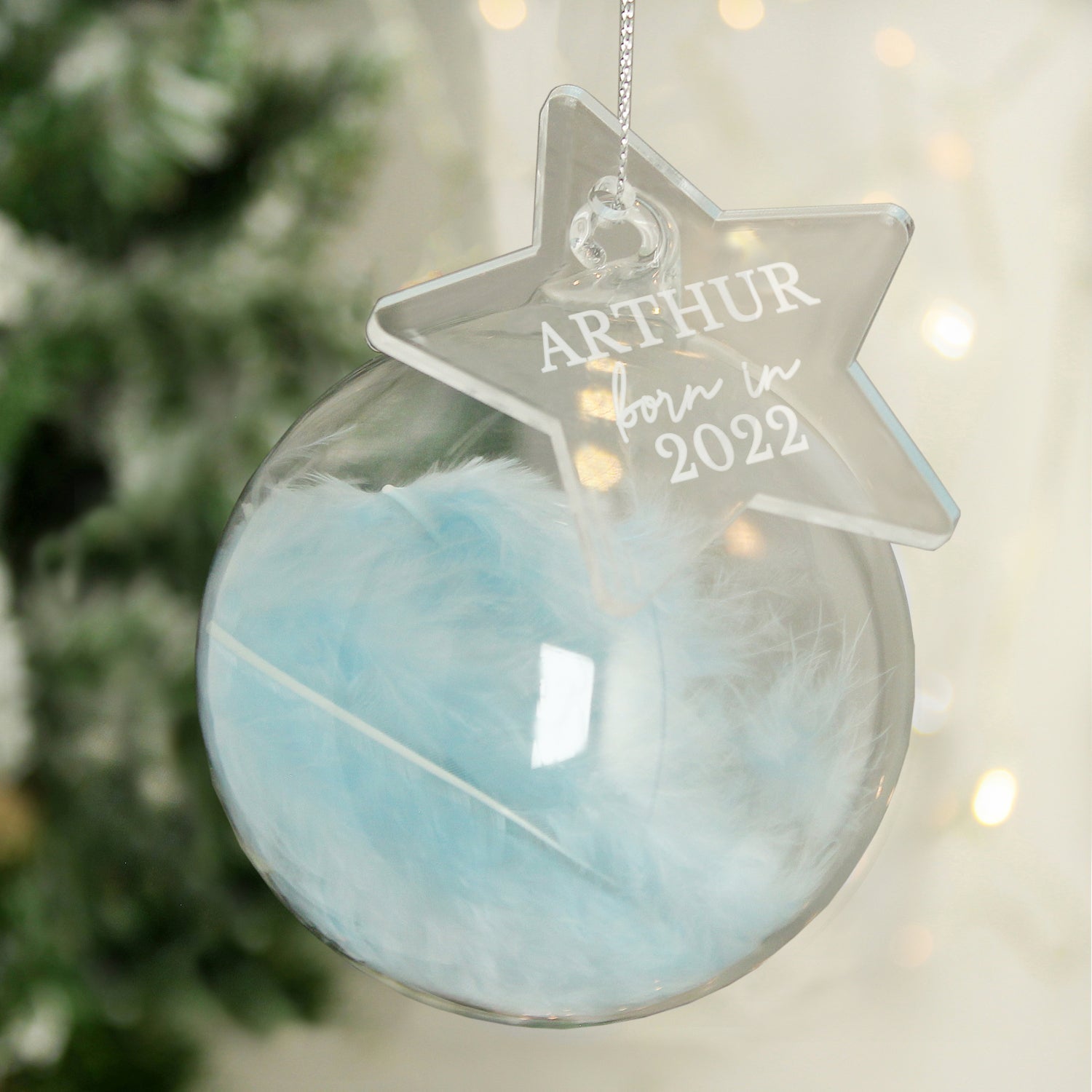 Personalised Born In Blue Feather Glass Bauble With Star Tag: 2 - Christmas Baubles By Gift Moments