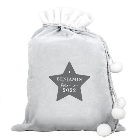 Personalised Born In Luxury Silver Grey Pom Pom Sack: 4 - Christmas Sacks By Gift Moments