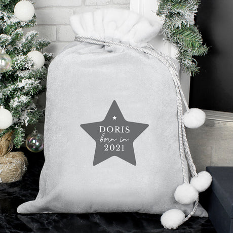 Personalised Born In Luxury Silver Grey Pom Pom Sack: 1 - Christmas Sacks By Gift Moments