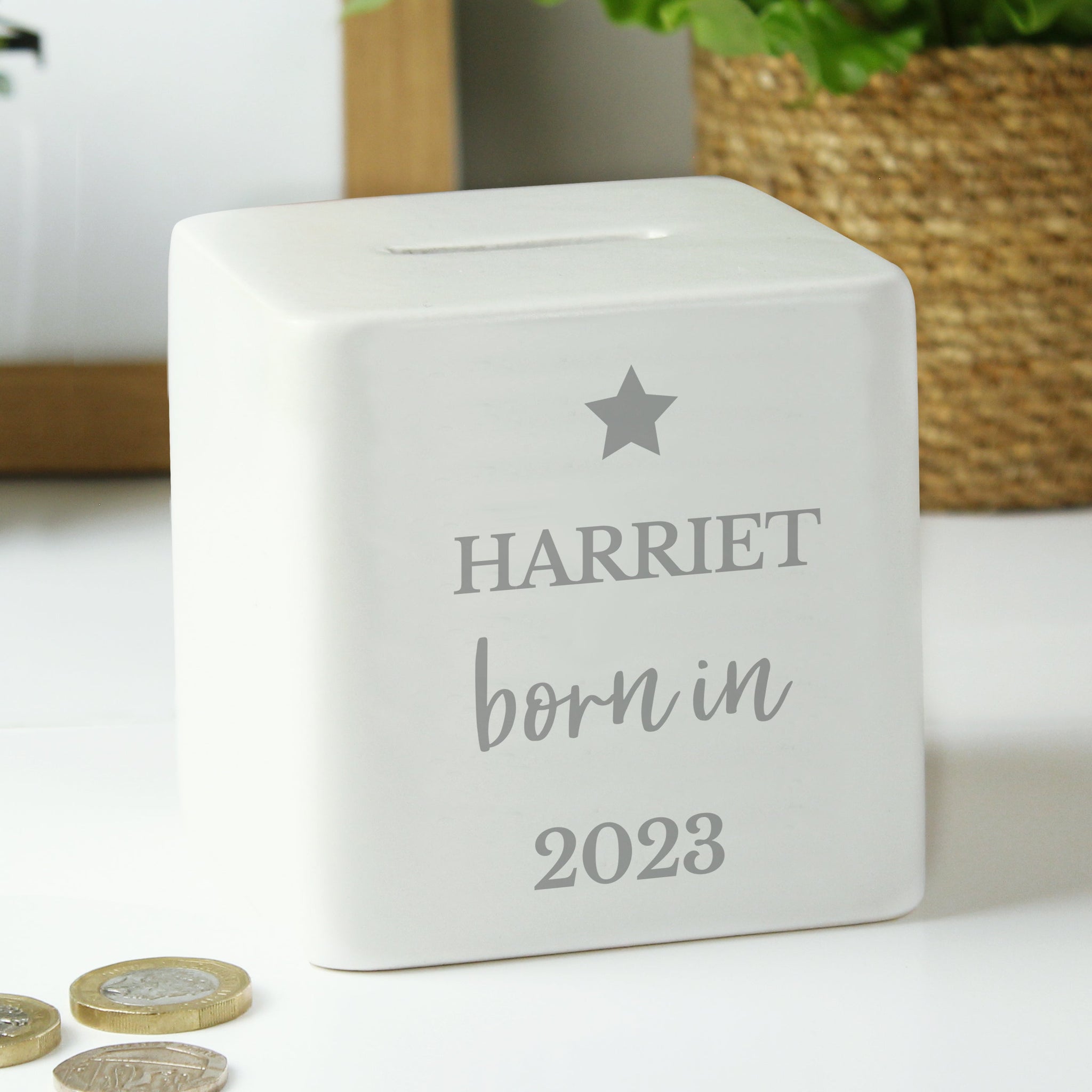 Personalised Born in Money Box: 2 - Money Boxes By Gift Moments