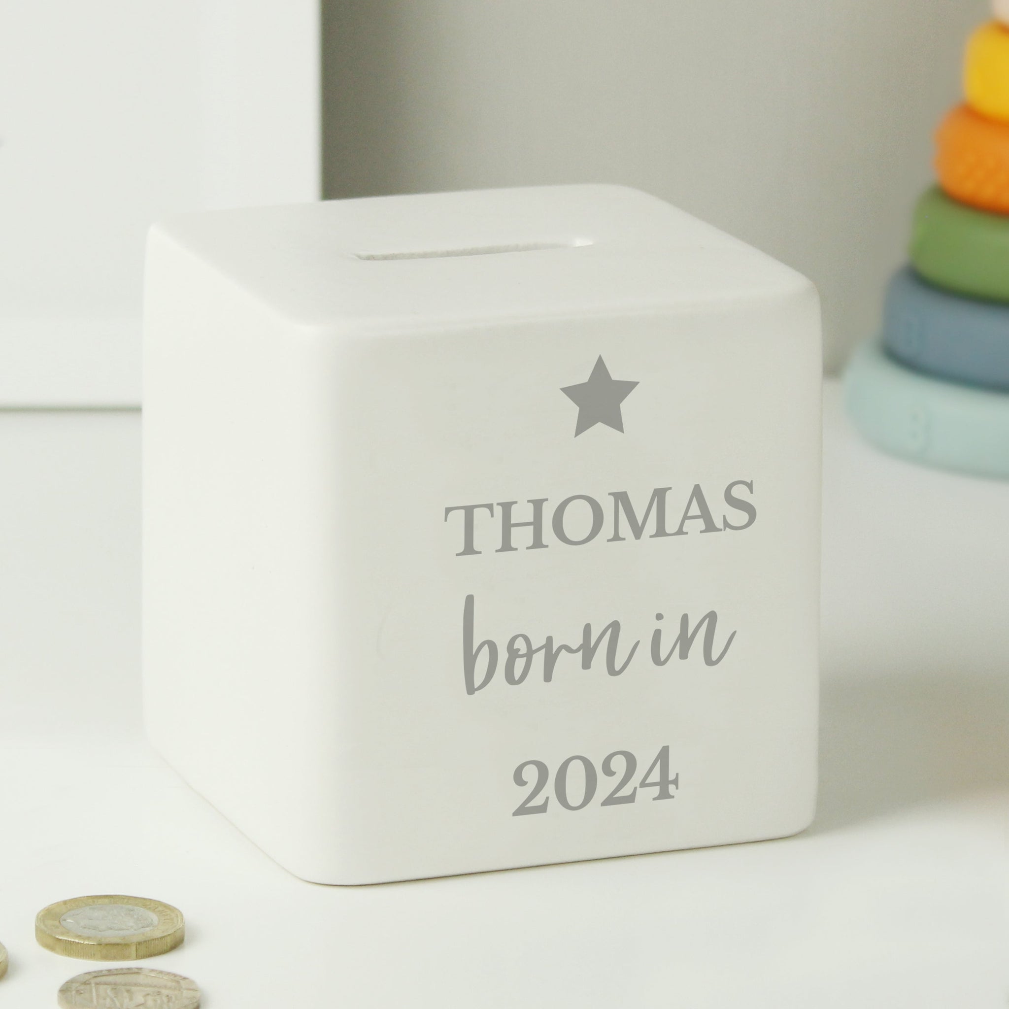 Personalised Born in Money Box: 1 - Money Boxes By Gift Moments