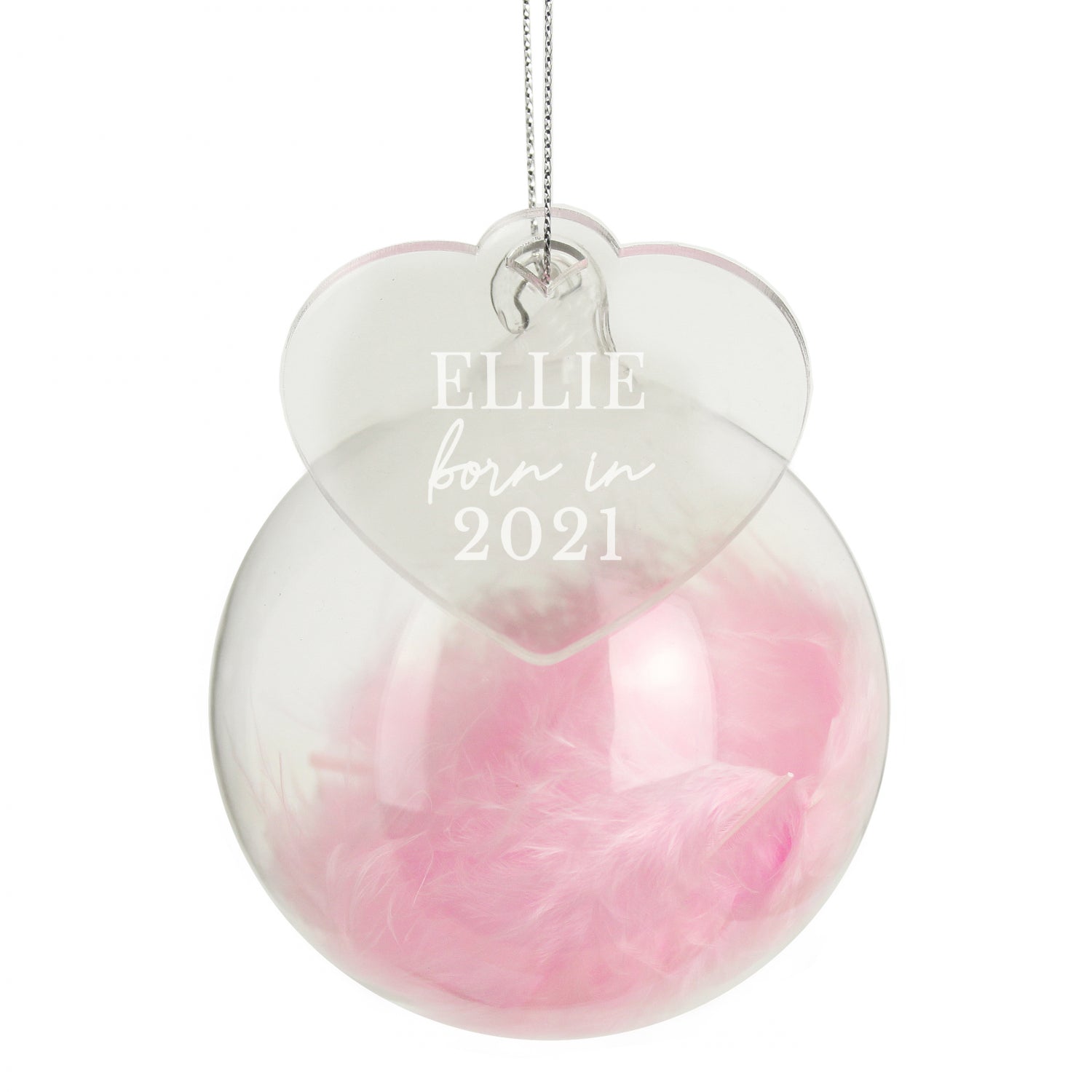 Personalised Born In Pink Feather Glass Bauble With Heart Tag: 3 - Christmas Baubles By Gift Moments