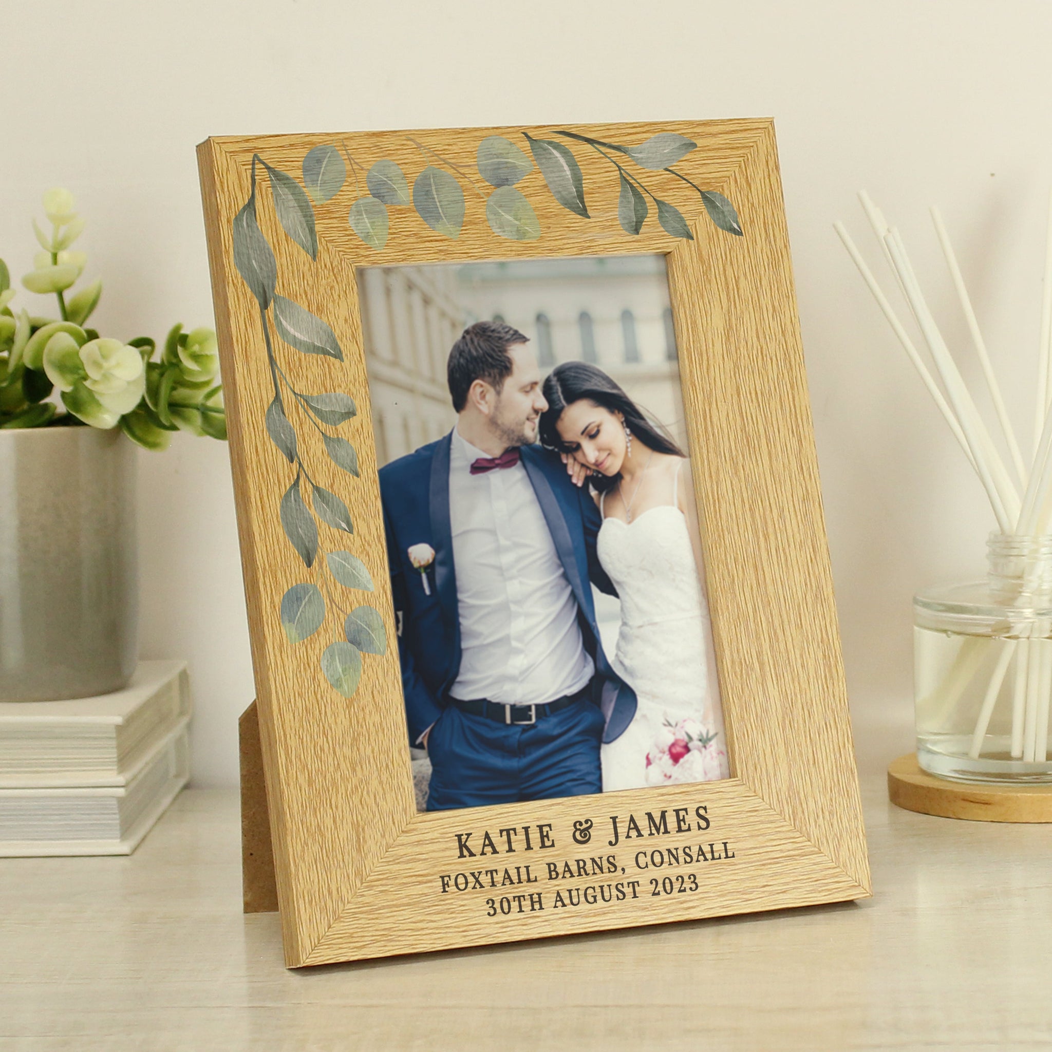 Personalised Botanical 6x4 Oak Finish Photo Frame: 2 - Photo Frames By Gift Moments
