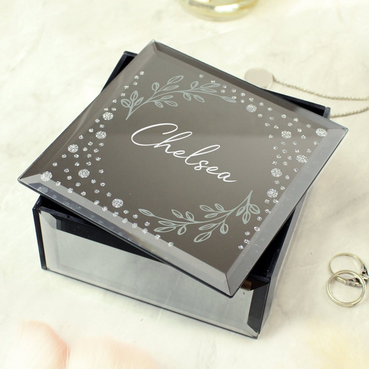 Personalised Botanical Diamante Mirrored Trinket Box: 4 - Trinket Boxes By Gift Moments