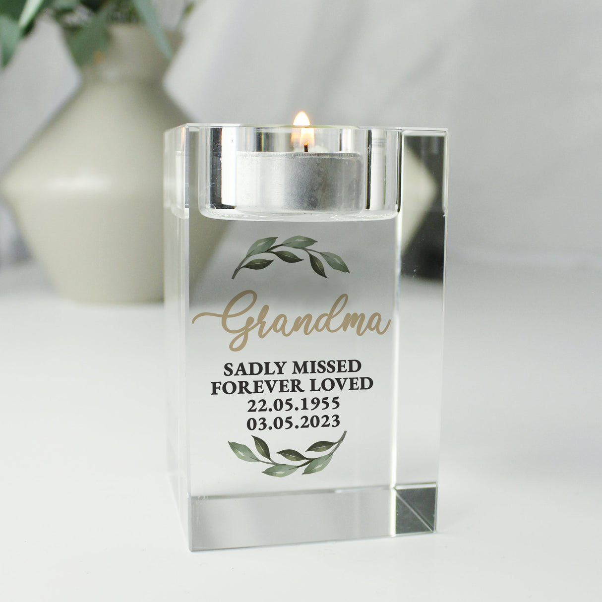 Personalised Botanical Memorial Glass Tealight Holder: 2 - Candle Holders By Gift Moments