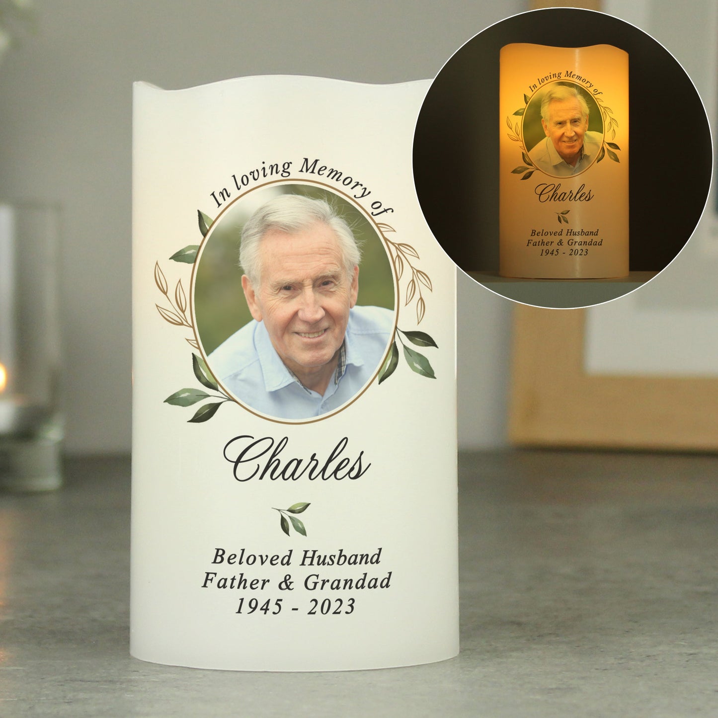 Personalised Botanical Memorial Photo Upload LED Candle: 6 - LED Lighting By Gift Moments