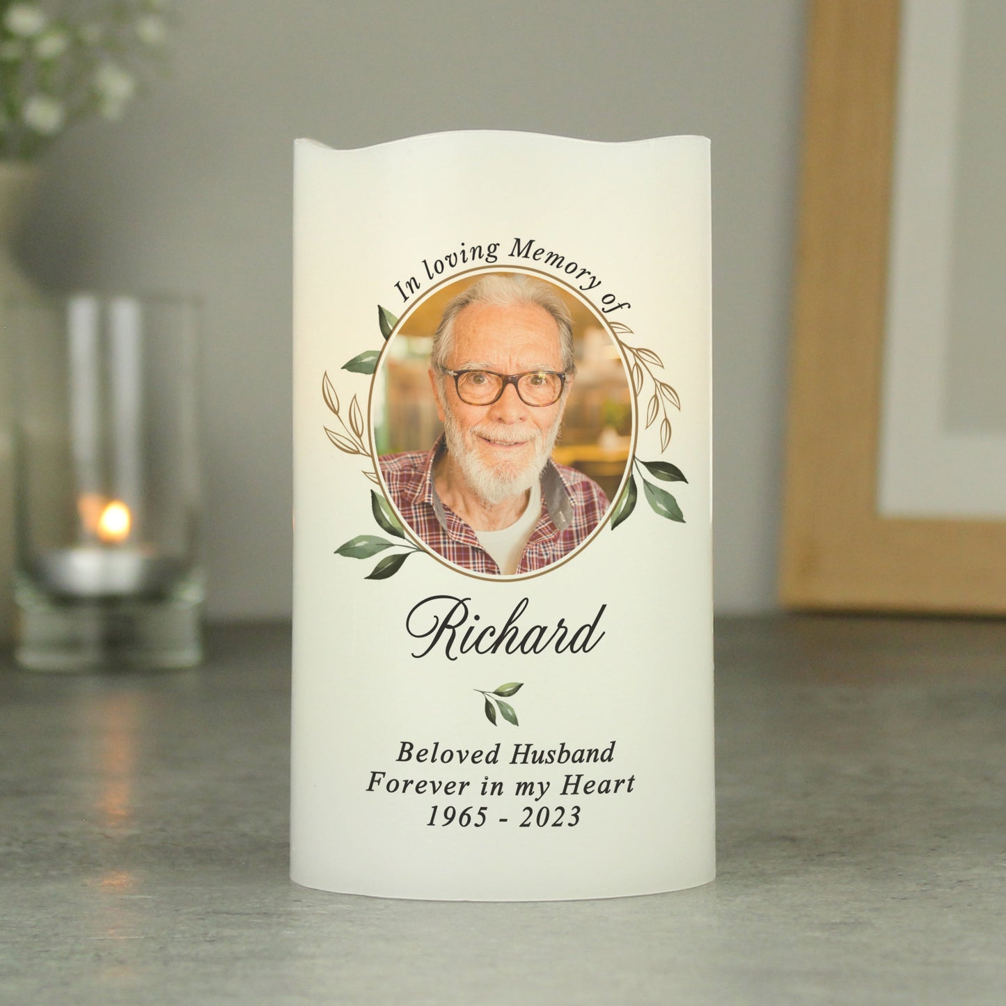 Personalised Botanical Memorial Photo Upload LED Candle: 3 - LED Lighting By Gift Moments