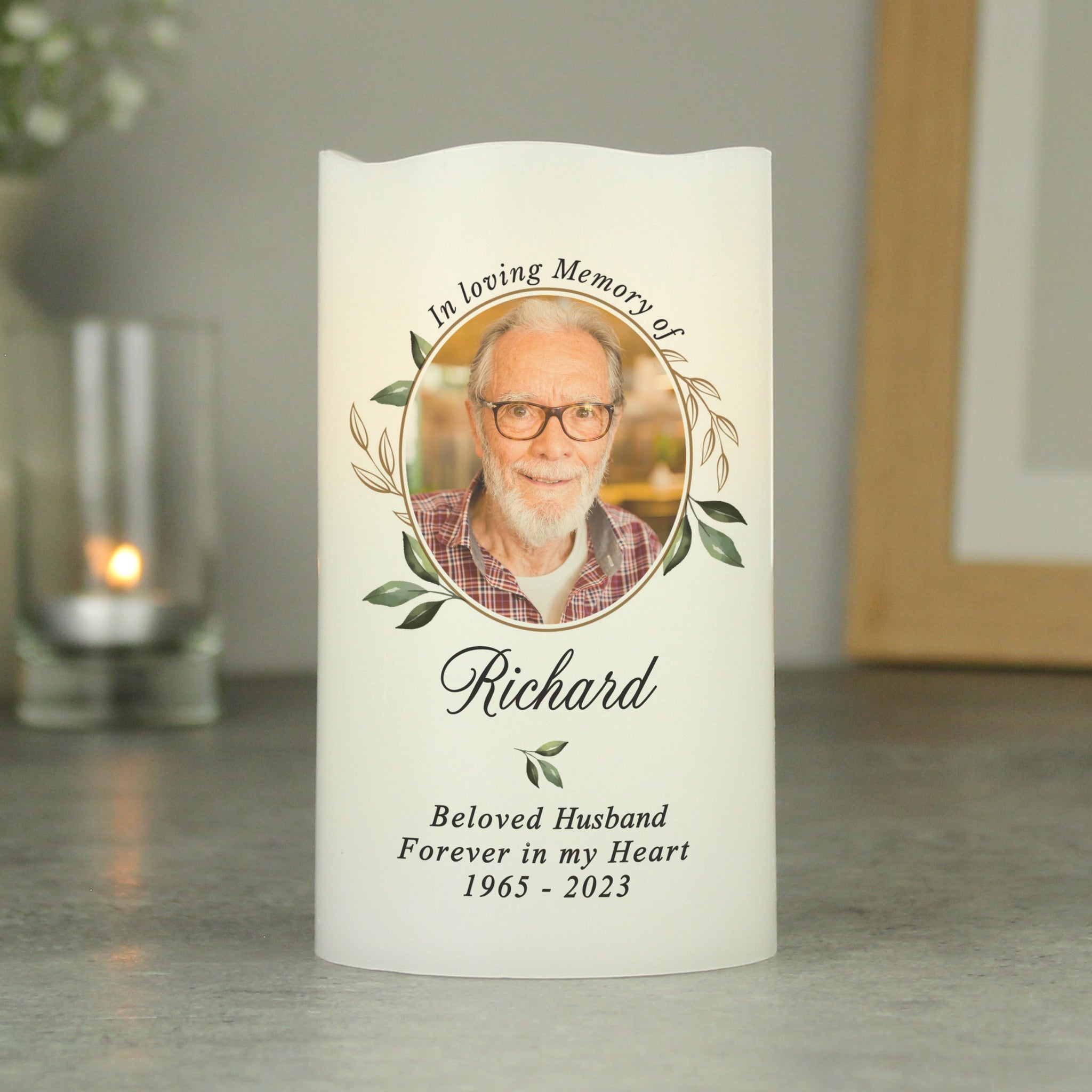 Personalised Botanical Memorial Photo Upload LED Candle: 3 - LED Lighting By Gift Moments
