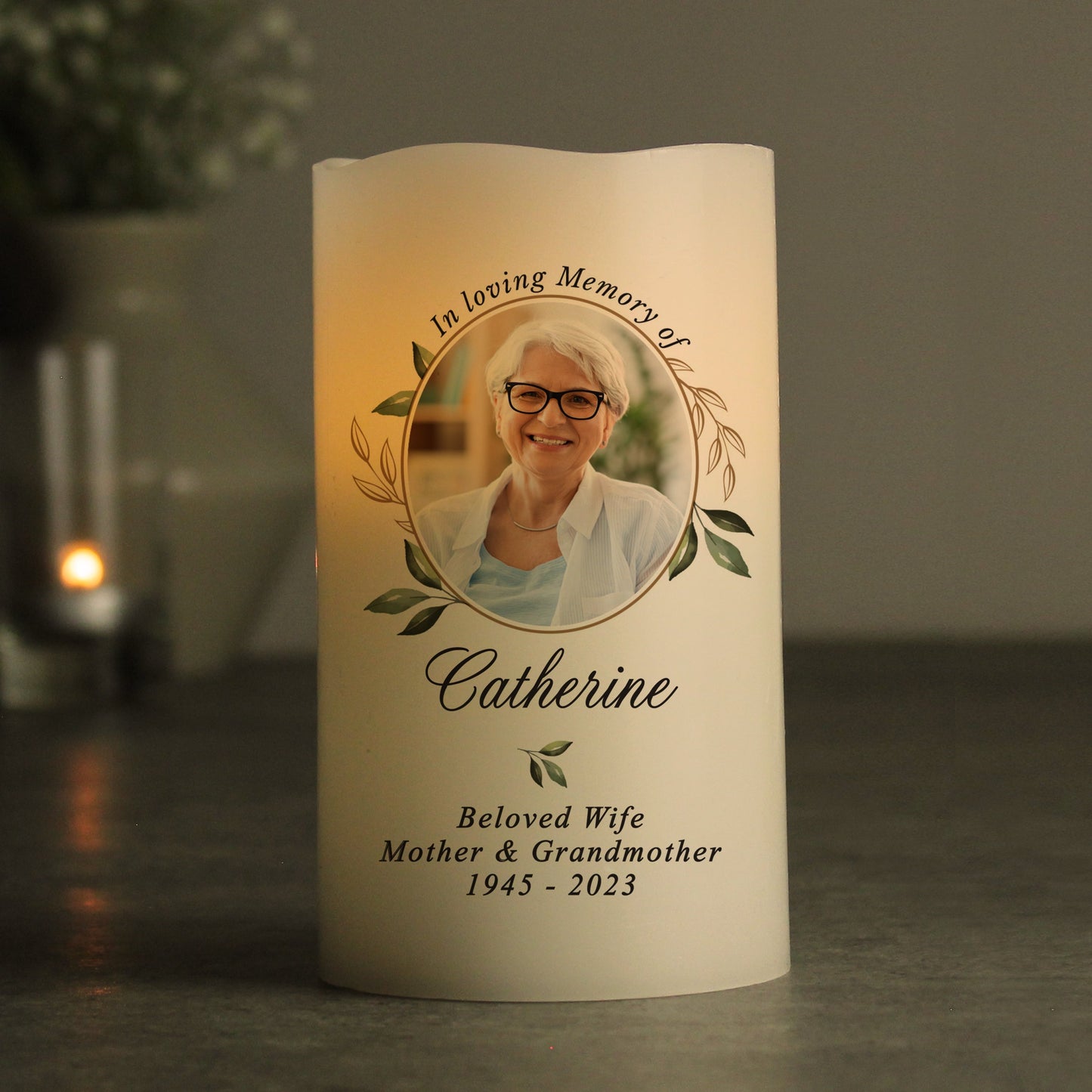 Personalised Botanical Memorial Photo Upload LED Candle: 2 - LED Lighting By Gift Moments