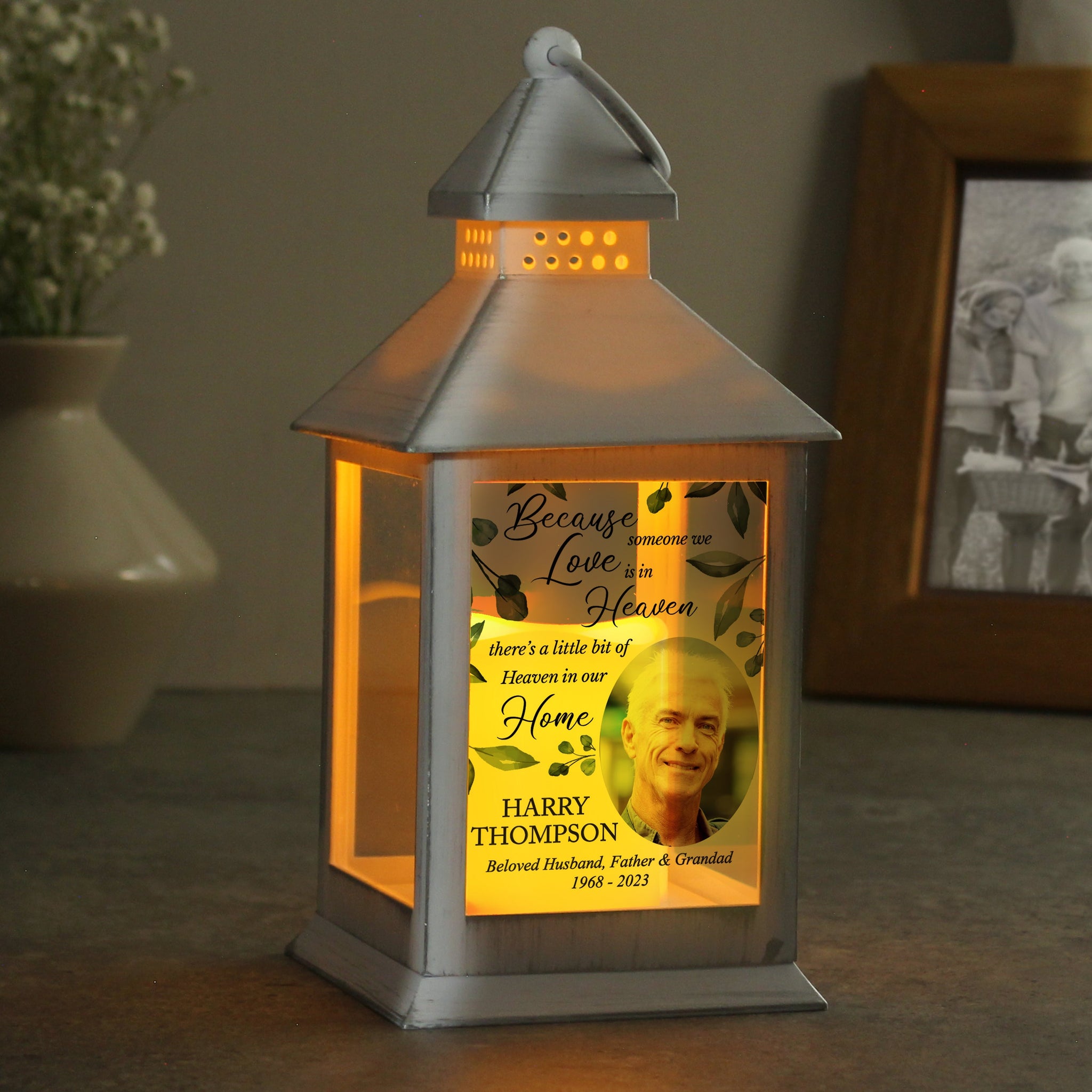 Personalised Botanical Memorial Photo Upload White Lantern: 5 - LED Lighting By Gift Moments