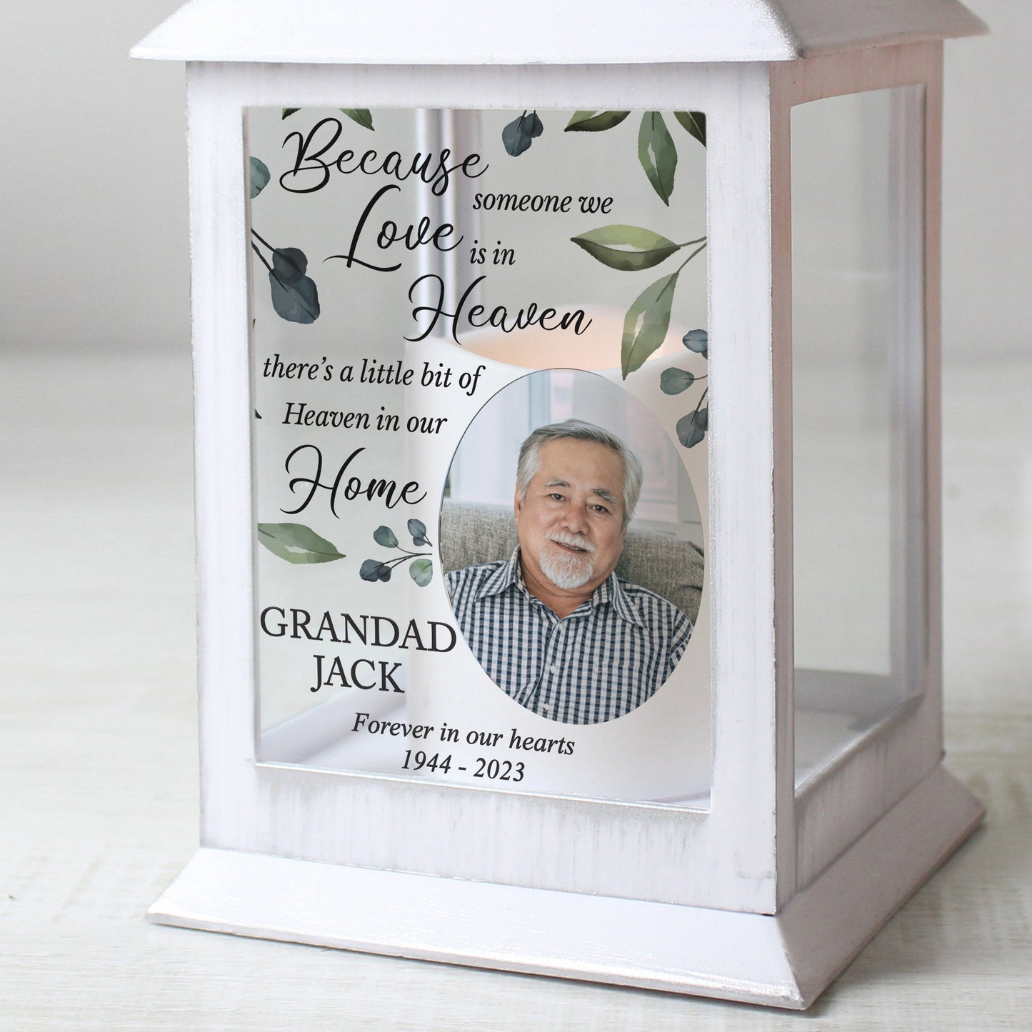 Personalised Botanical Memorial Photo Upload White Lantern: 3 - LED Lighting By Gift Moments