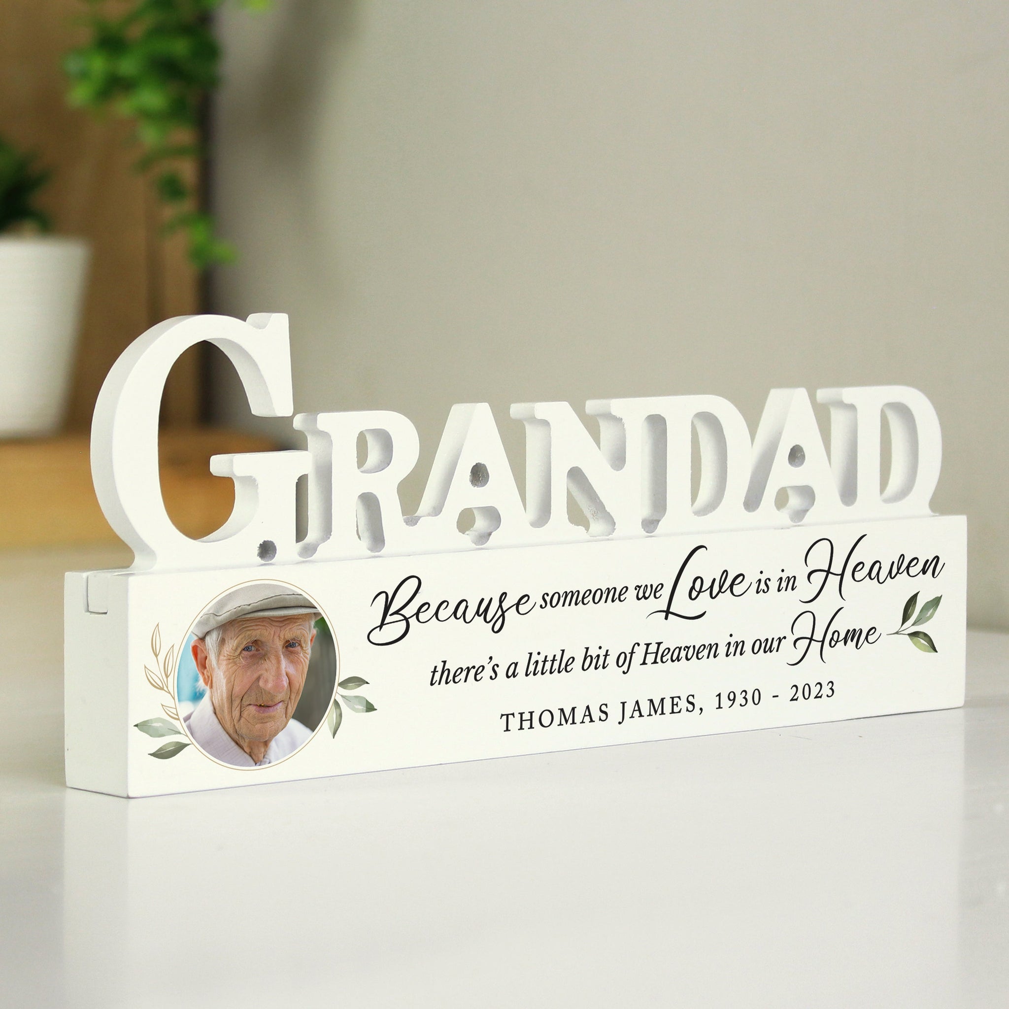 Personalised Botanical Memorial Photo Upload Wooden Grandad Ornament: 2 - Ornaments By Gift Moments
